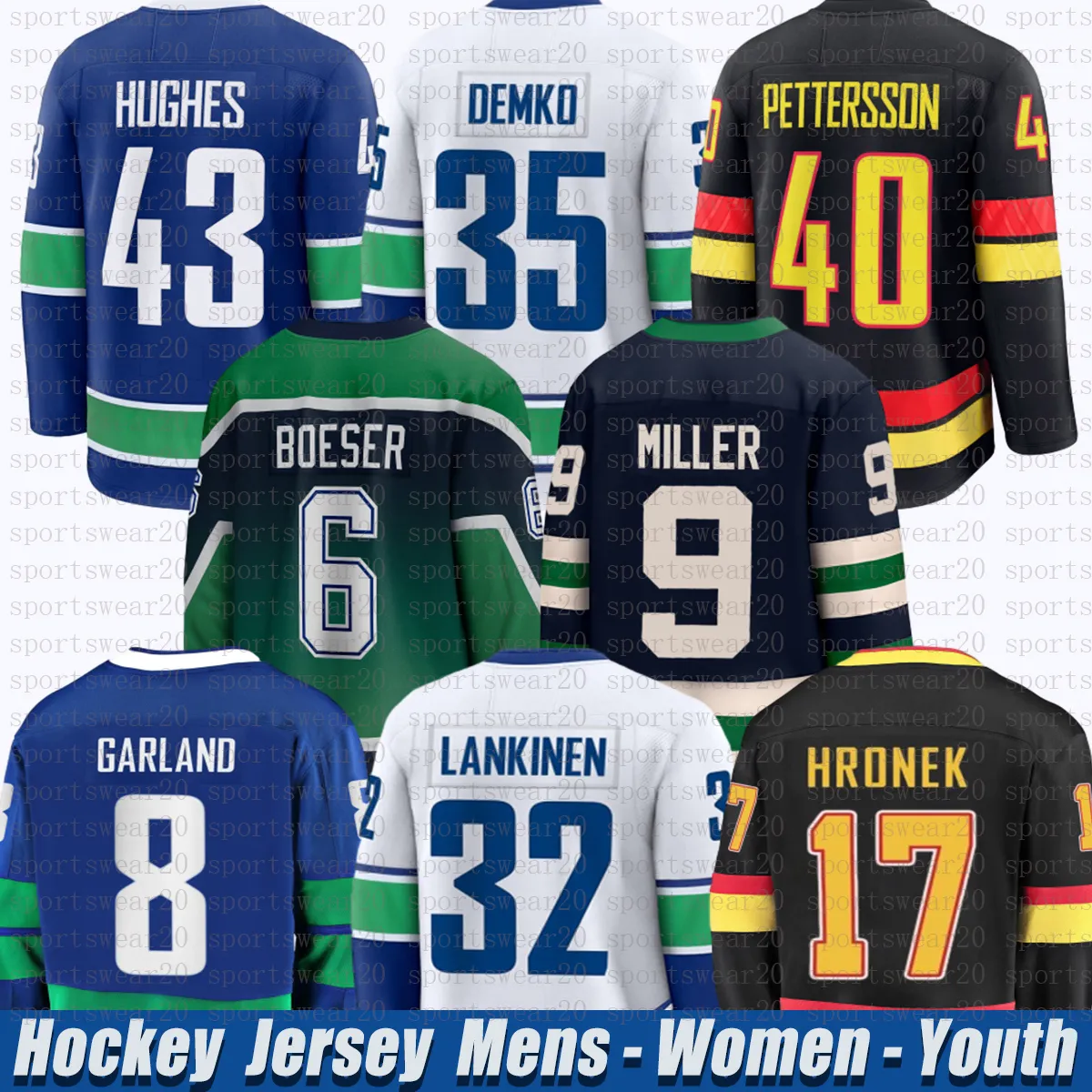 43 Quinn Hughes vancouvers hockey jersey canuck Elias Pettersson JT Miller Brock Boeser Thatcher Demko Conor Garland Kevin Lankinen Trevor Linden jerseys