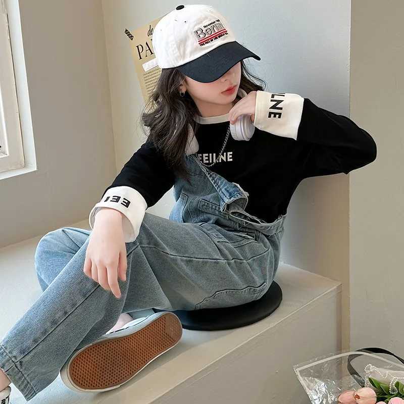Spring Kids Over ultra-thin Trouser girls hanging bib jeans teenage jeans jumpsuit childrens clothing 5-14 years W241227