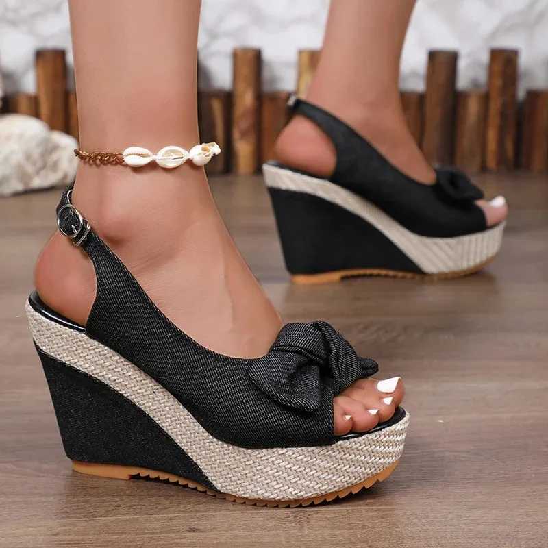 High Quality Fashion Bowknot Wedge Heel Sandals for Women Denim Peep Toe Chunky Platform Sandals Women Back Strap High Heel Gladiator Shoes T241227