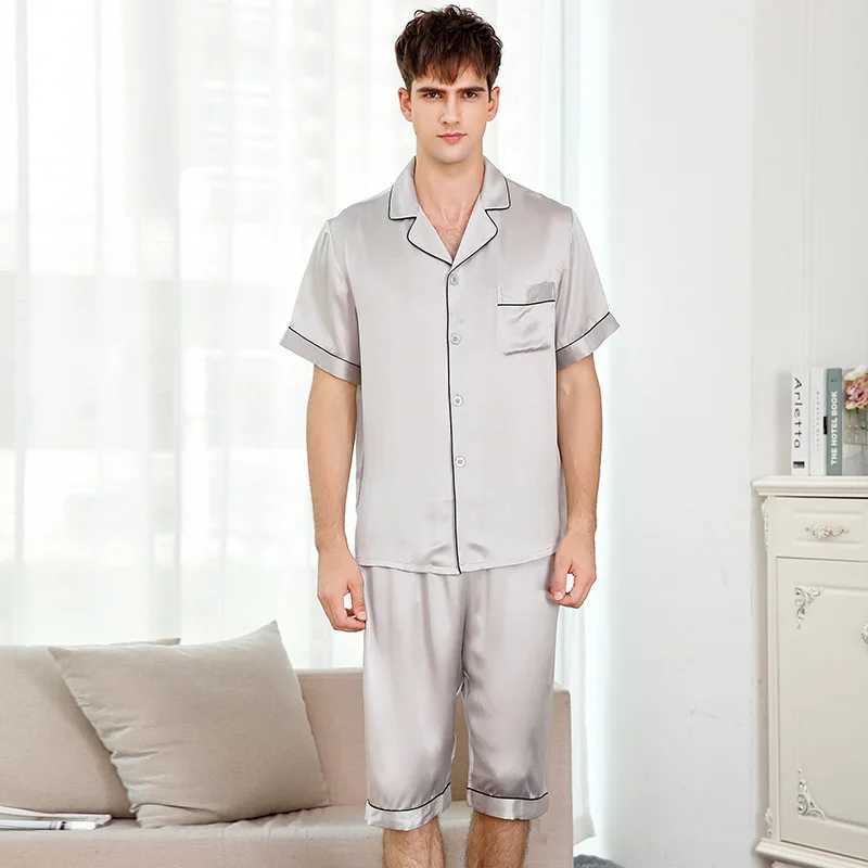 Birdsky 1SET Men pajamas pijamas pajama pj set men nightwear short sleeve sleepwear 100% mulberry silk satin solid S-333XJ241227