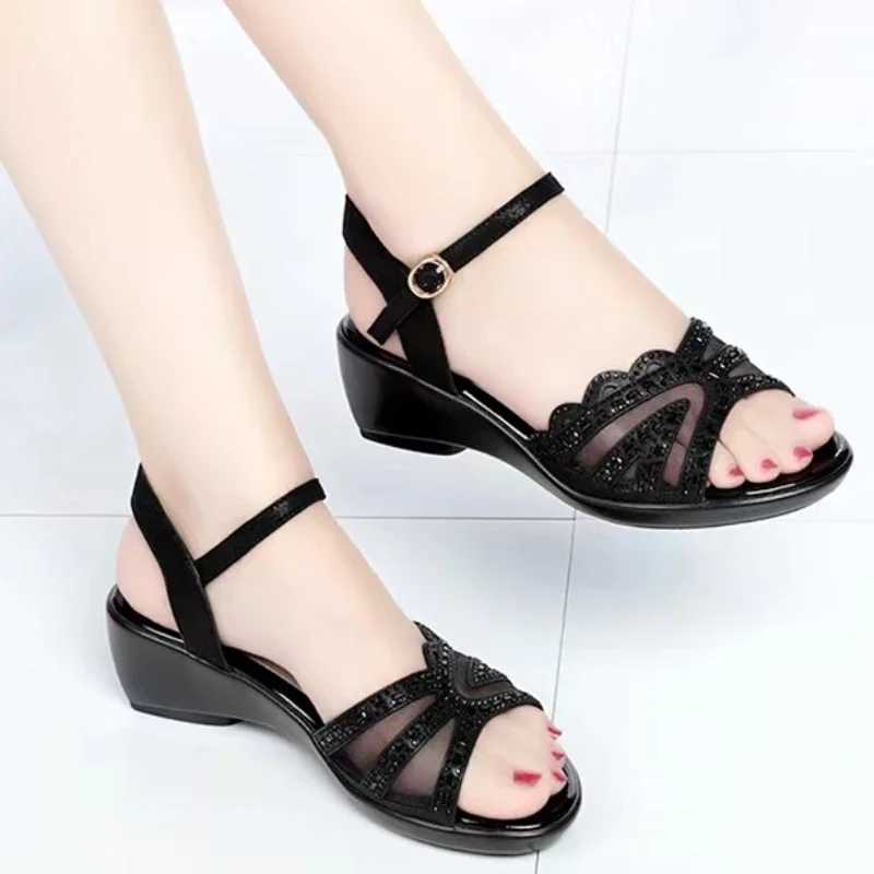 High Quality Shoes for Women Hot Sale Summer Womens Sandals Net Yarn Sequins One Word Mid Heel Open Toe Zapatillas De Mujer T241227