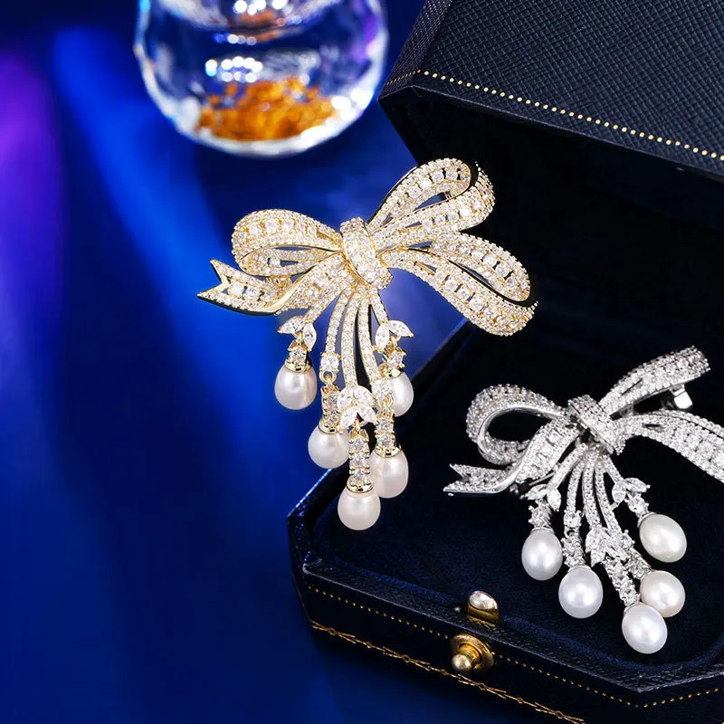 OKILY Freshwater Pearl Bow Brooches Deliicate Zircon Bowknot Corsage for Womens Broche Decorativo De Ropa Accessories 241227
