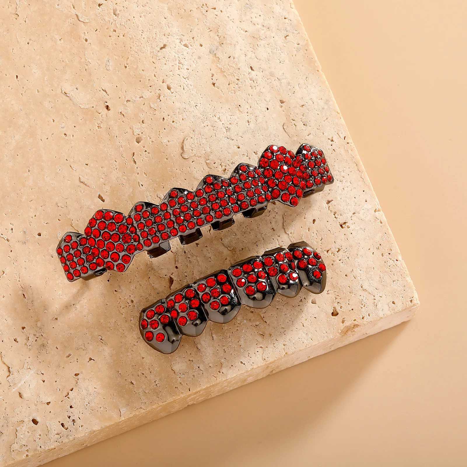 RACHELZ Y2K Gothic Cross Red Zircon Teeth Grillz Black Color CZ Stone Tooth Cs For Women Men Jewelry Halloween Gift W241227