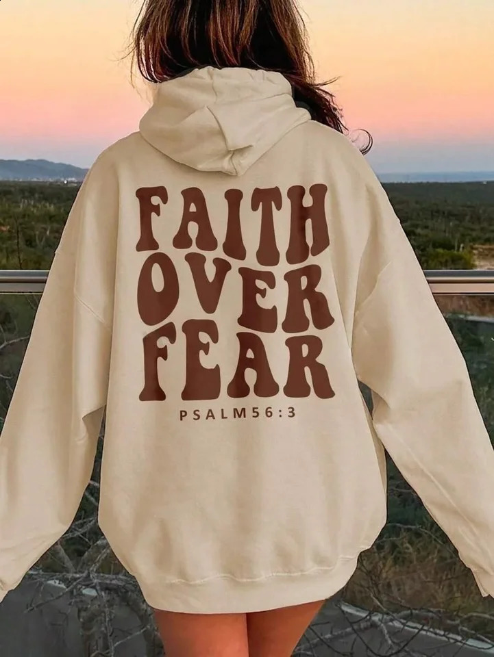 FAITH OVER FEAR Womens Hooded Sweatshirt With Slogan Print And Kangaroo Pocket PSALM 563 241223