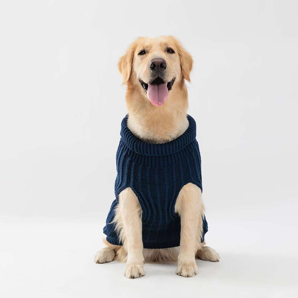 PETS TALE Premium Navy Blue Dog Sweater with Twisted Rope Design and Faux Leather Label - Cozy Knit Pullover for Small to Large Breeds, hine Washable