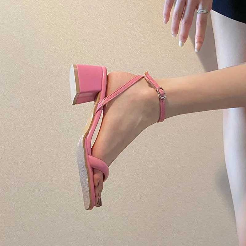 High Quality French Sandals Female Summer Square Toe Pink Thick High Heels Temperament Women Sandals New Ankle Sandals Women T241227