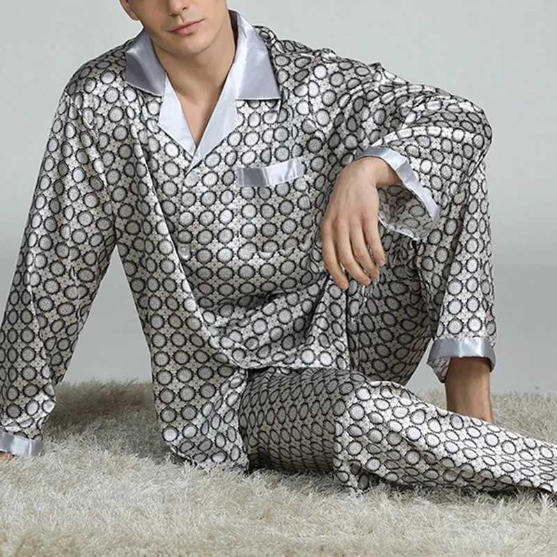 Mens Satin Silk Pajama Sets Sleepwear Casual Nightgown Loose Loungewear Pajamas Pijamas Autumn New Print Nightwear HomewearXJ241227