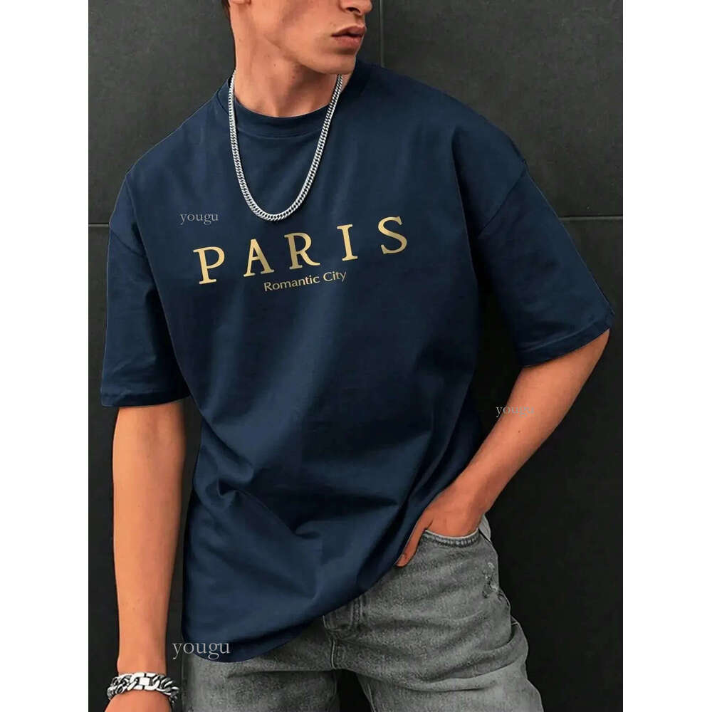 Paris Romantic City Letter Printed Tshirt Mens Summer Loose Clothing Cotton Oversized Street Soft Top 240822
