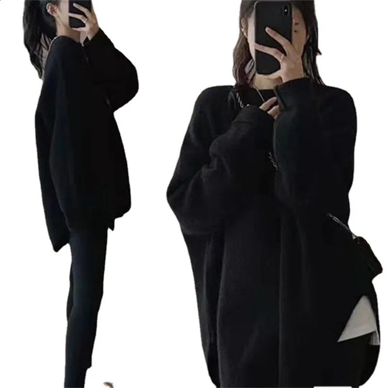 Women Loose Knitted Sweaters Casual ONeck Side Split Baggy Solid Color Pullover Knitwear Tops PYTZX36294 241223