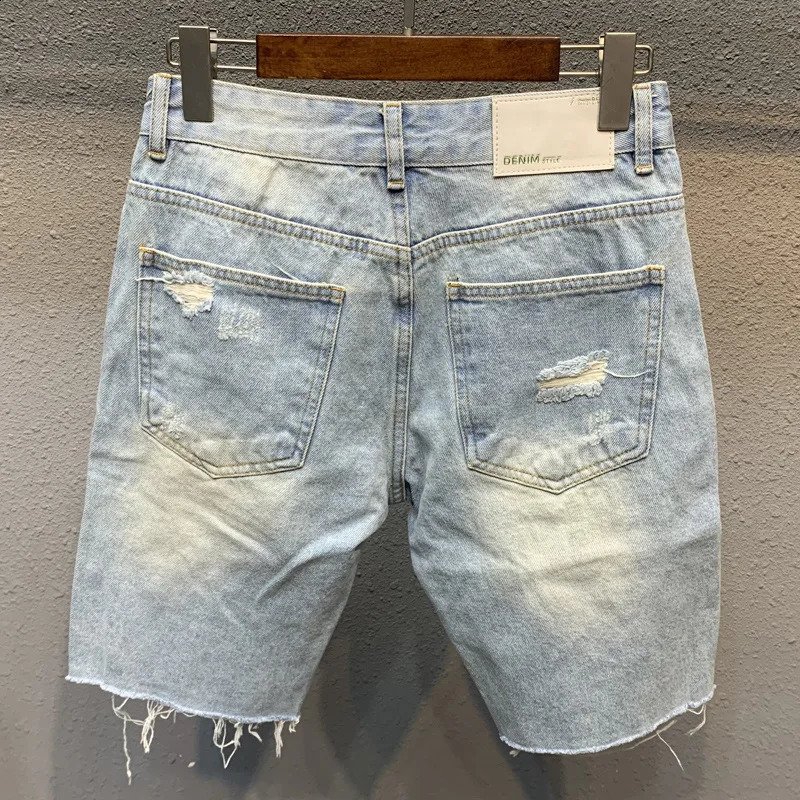 Summer Mens Ripped Denim Shorts Light Blue Knee Length Jeans Fashion Trend Raw Hem Beggar Pants Short Breeches 241227