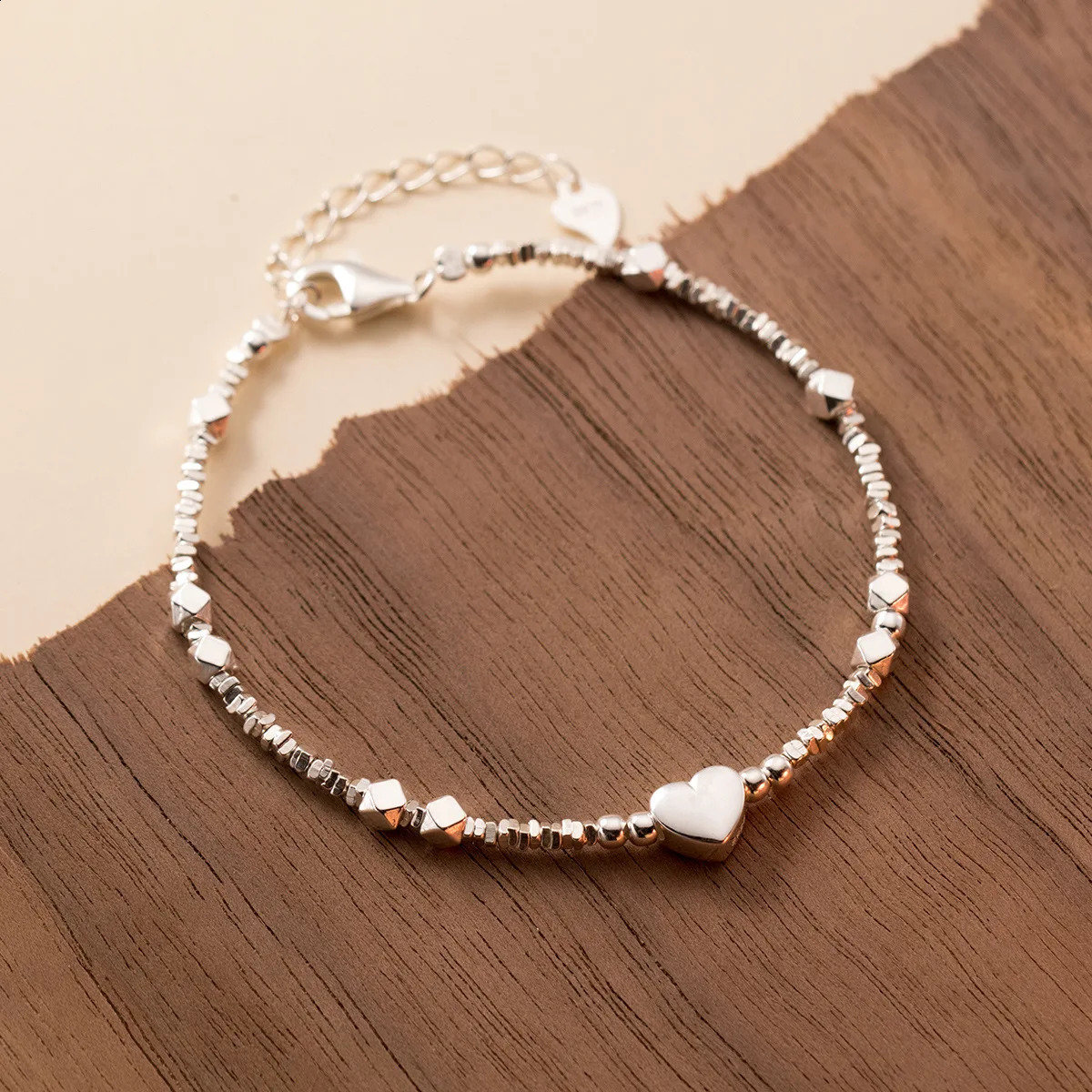 194cm Irregular Heart Anklet For Women Sweet Romantic Silver 925 ID Card Bead Bracelet Shinny Fine Jewelry 241226