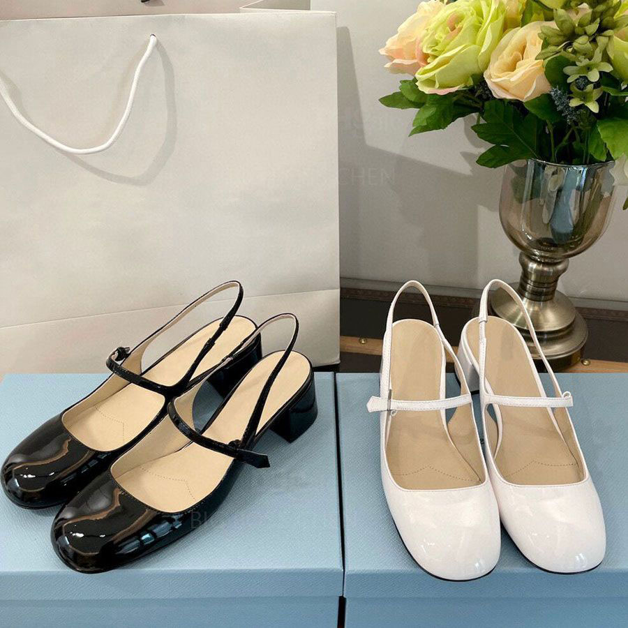 Luxury Designer Patent leather women Chunky heel sandals buckle strap slingbacks Kitten heels Mary Jane pumps heels Women's Dress Shoes Office Wedding Shoes With box