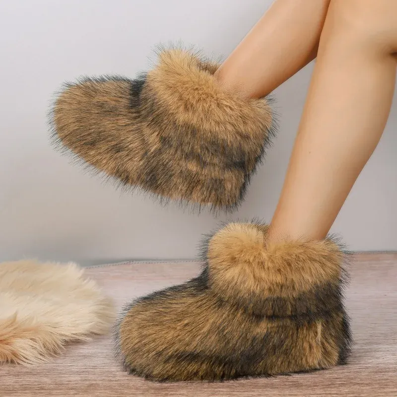 2025 New Women Fluffy Faux Fox Woman Plush Warm Snow Boots Footwear Girls Furry Fur Bottes Fashion Winter Shoe 37bb