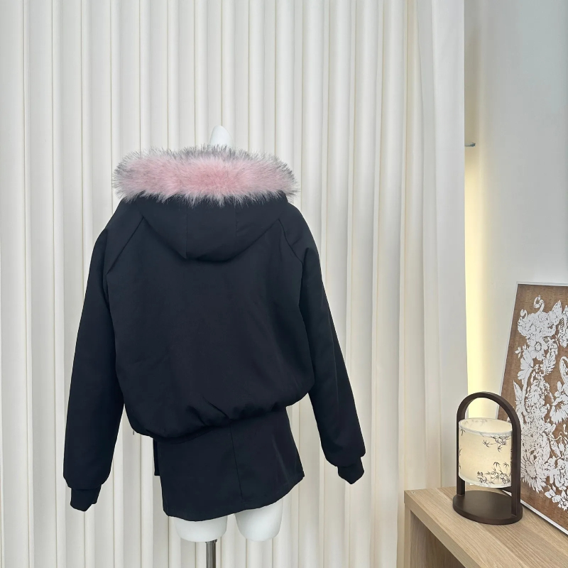 Two piece set of eco-friendly fur jacket for womens autumn and winter hoodie workwear short skirt with pink and ink front and back