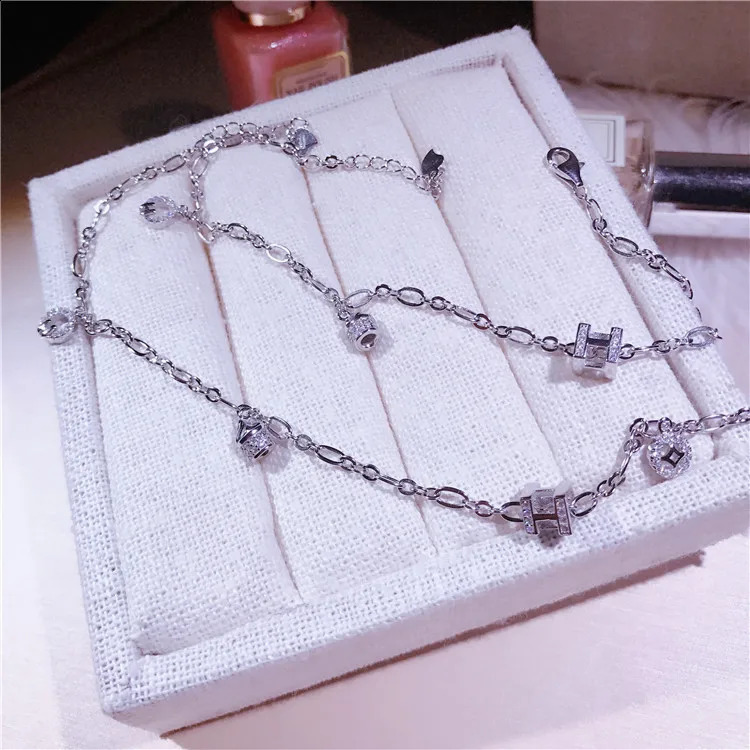 Fashion Quality Sparkling Zircon Decorative Real 925 Sterling Silver Women Letter Anklet Statement Bracelet 241226