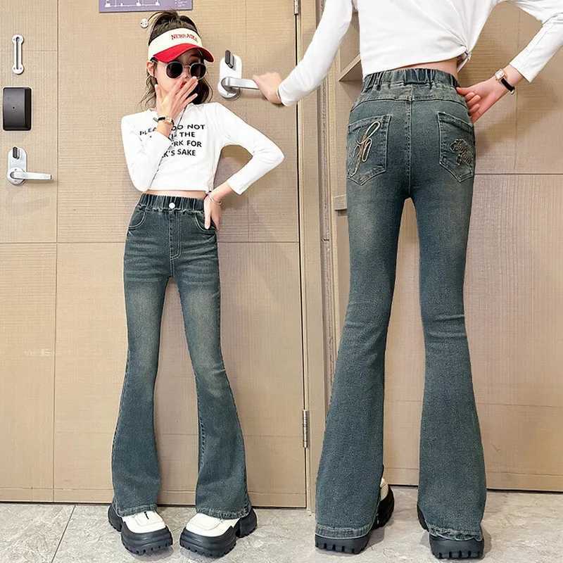 Girls Fashion Jeans New Apron Childrens Retro Tight Denim Shining Pants 2024 Spring/Summer Youth Slim Trouser W241227