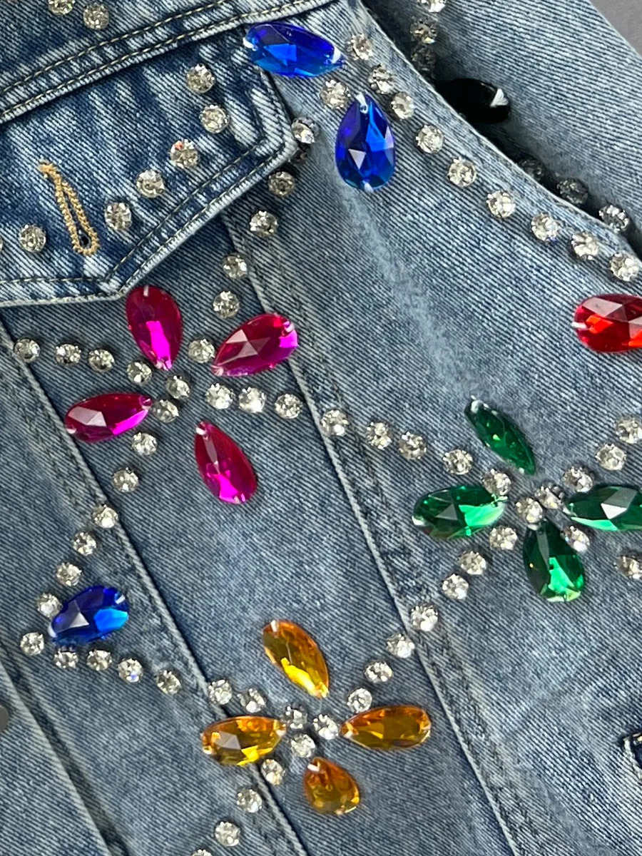 Exquisite Rhinestone Denim Jacket for Women Spring Autumn Loose Trenddy Long Sleeve Top Blue Single Breasted Coats 241223