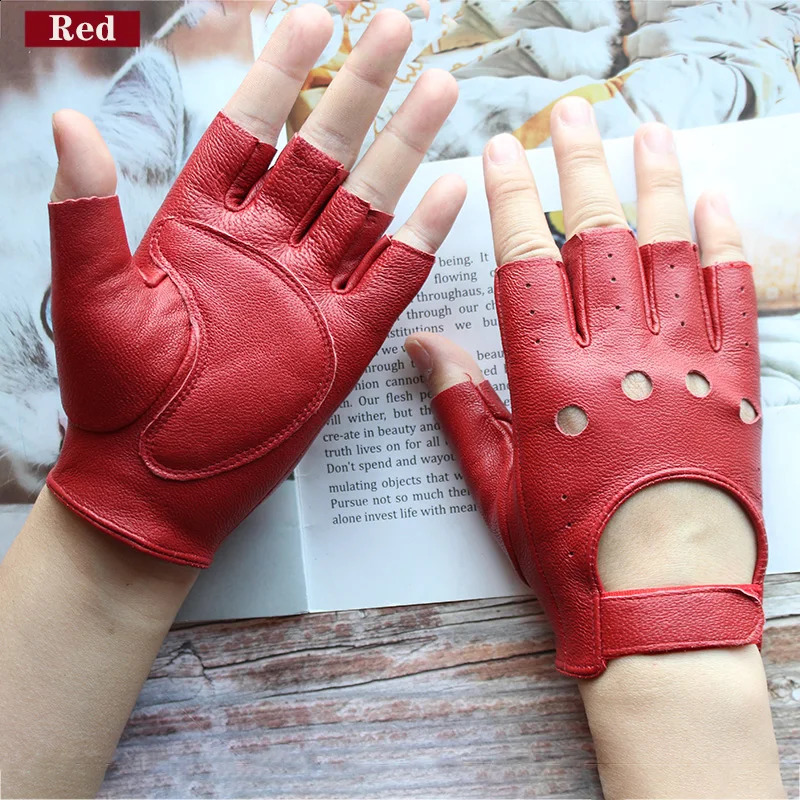 Leather Half-Finger Gloves Female Fitness Fashion Driver Driving Single-Layer Unlined Hollow Short Motorcycle Riding Gloves 241227
