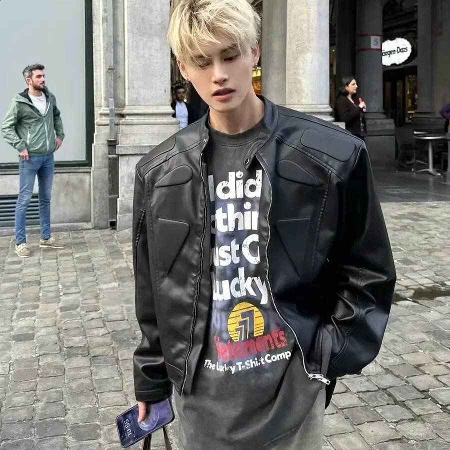 Highend Feeling Motorcycle Jacket For Men Trendy Street Pad Shoulder Leather Casual Niche Structure n Sent Free 241227