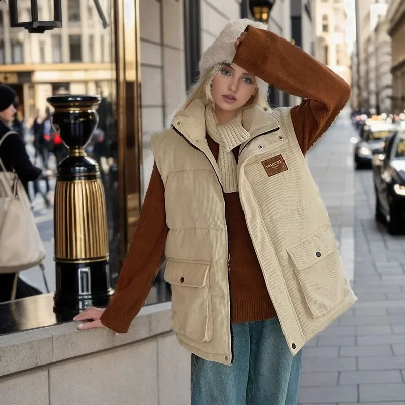 2024 Winter Women Corduroy Cotton Vest Labeling Elegant Fashion Simplicity Thicken Coat Office Lady Cardigan Sleeveless Jacket 241220