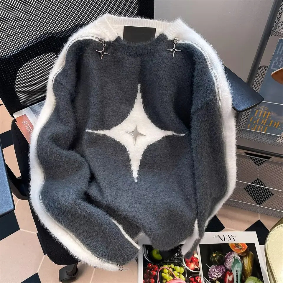 Y2k Color Blocking Knitting Gothic Pullovers Fashion Streetwear Black Patchwork Star Jumper Harajuku Knitwear Long Sleeve Sweate 241224