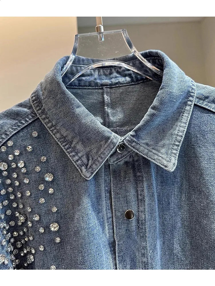 High Street Heavy Industry Rhinestone Blue Denim Jacket Shirt Loose Casual Jean Jacket Spring Autumn Womens Clothing 241223