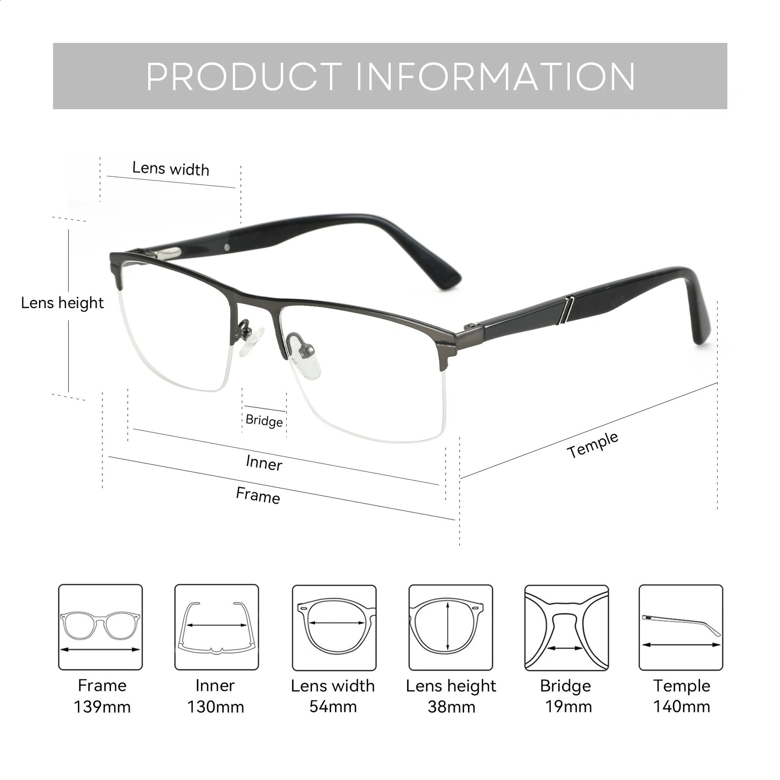 ZENOTTIC Arrivals Alloy Glasses Thick Frame Half Rimless Eyewear Fashion Non-Prescription Square Eyeglasses for Men 241227
