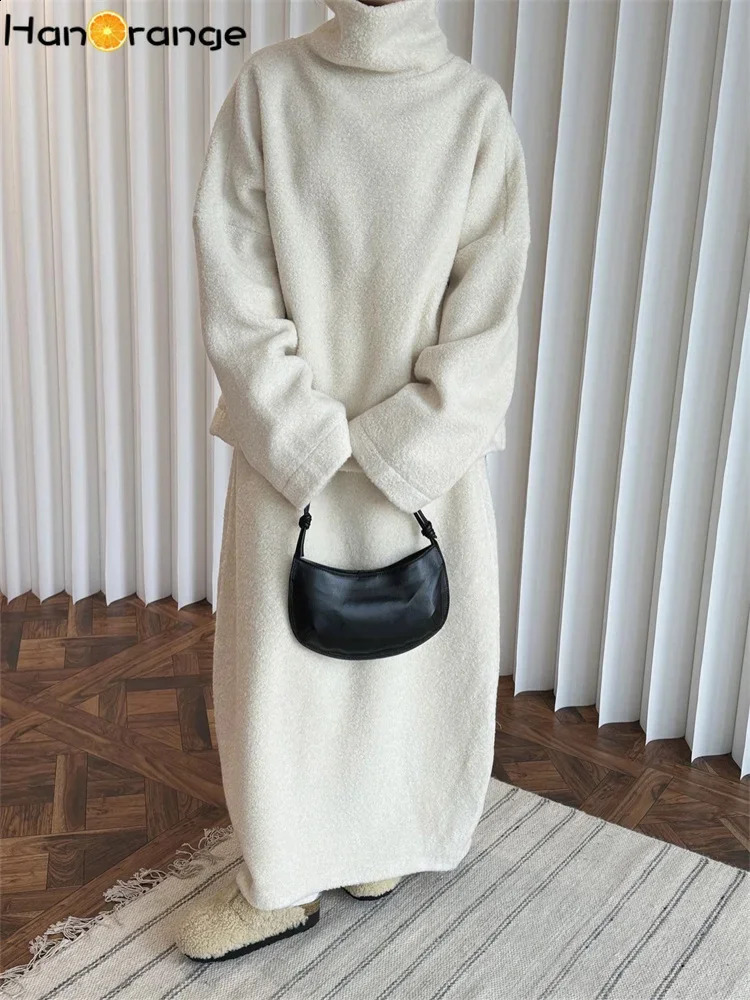 HanOrange 2024 Winter Fashion Turtleneck Lambshair Sweatshirt Women Comfortable Warm Loose Wool Top Off WhiteBlack 241223