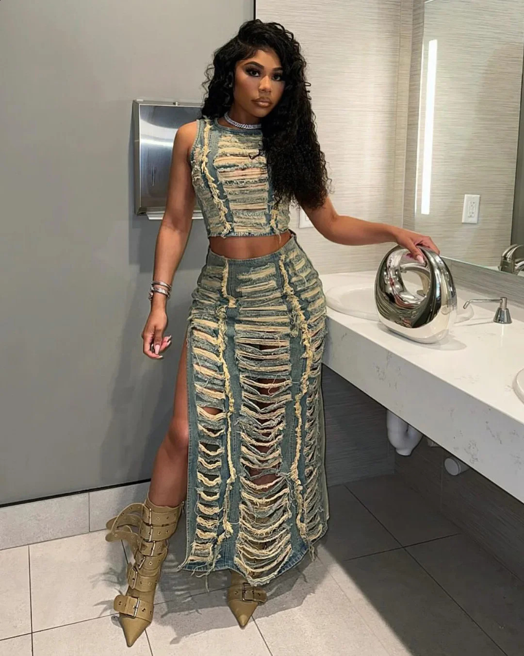 DRC Women Hollow Ripped Hipster Vintage Tank TopsLong Skirts Streetwear Matching Outfits Denim Sexy Hollow 2 Piece Set 241226