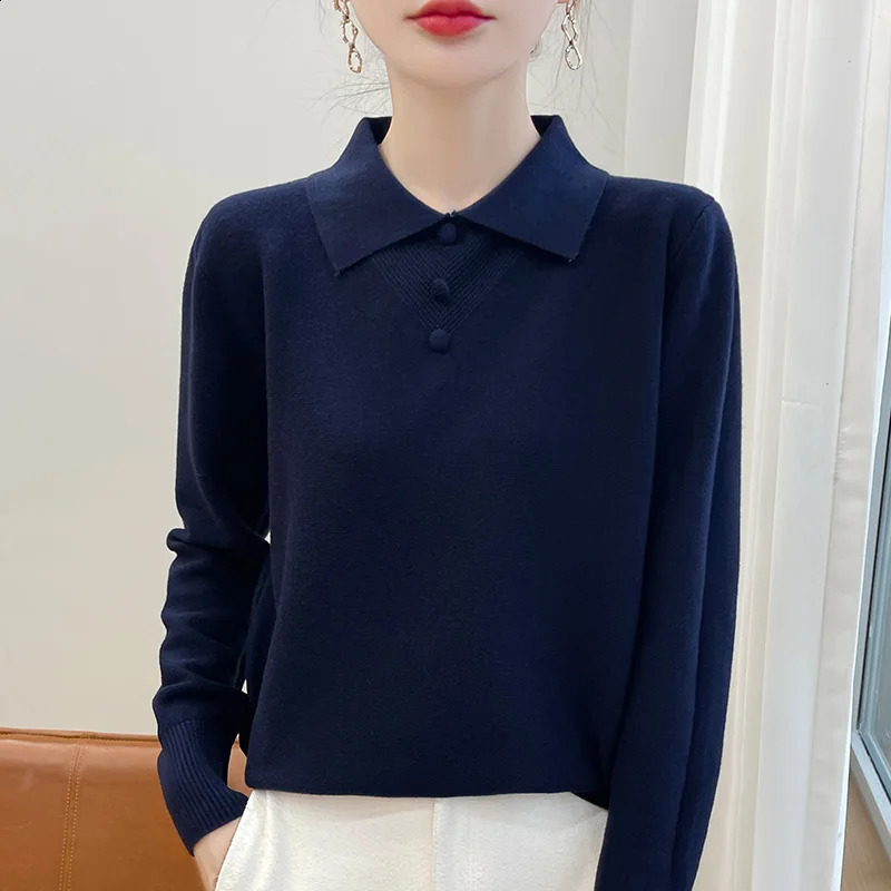 2024 AutumnWinter Flip collar Cashmere Sweater Women Knitted Loose Fashion Long Sleeve 241223