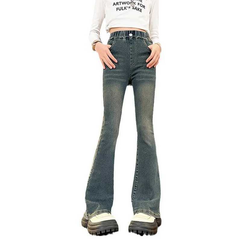 Girls Fashion Jeans New Apron Childrens Retro Tight Denim Shining Pants 2024 Spring/Summer Youth Slim Trouser W241227