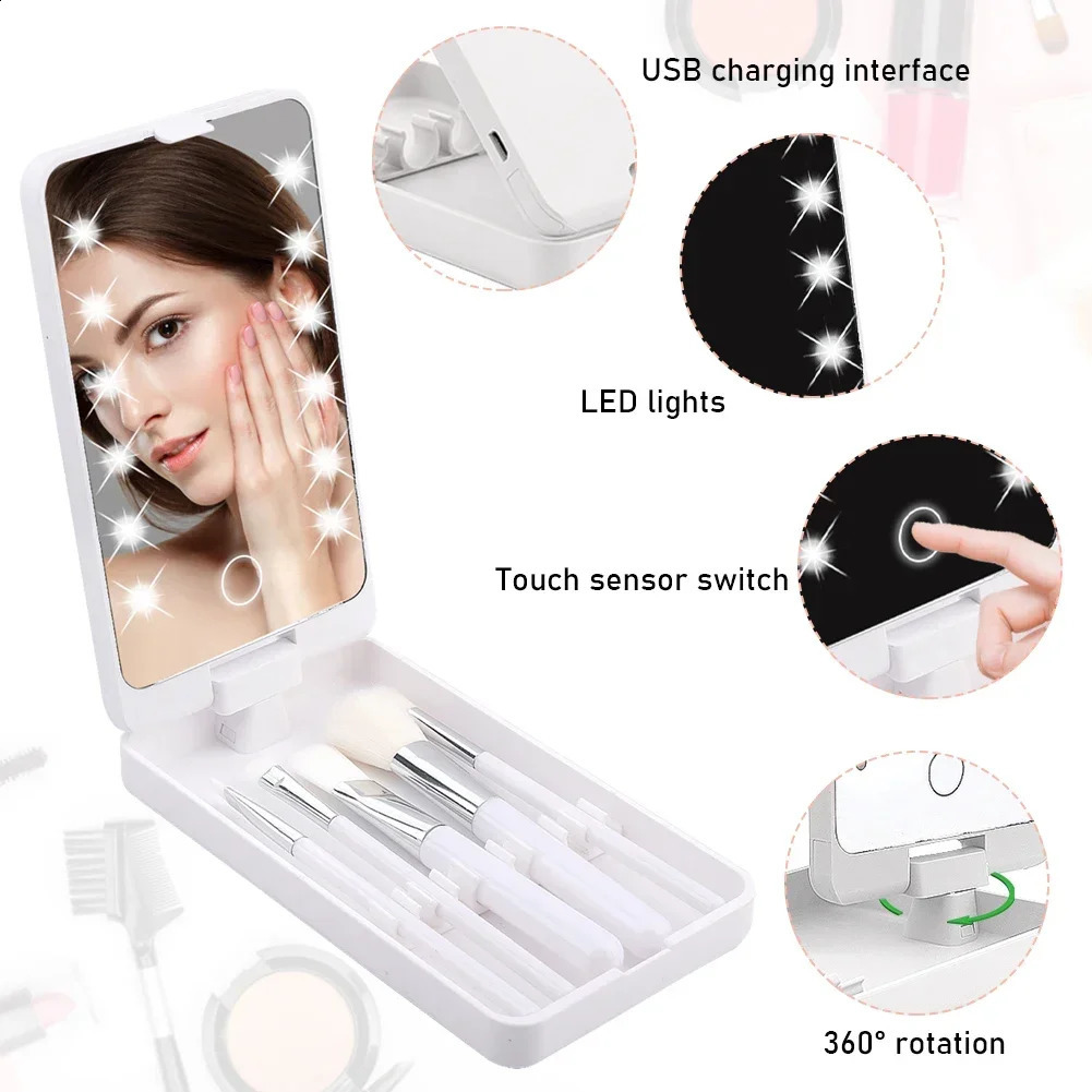 Travel Makeup Brush Mirror Set 5PCS Makeup BrushesUsb Rechargeable with LED Mirror Case Adjustable Makeup Brush Organizer 241223
