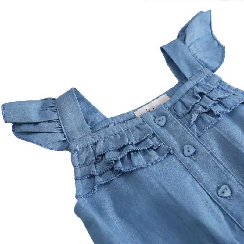Children girls summer clothing jumpsuit denim blue cotton washed jeans sleeveless bow jumpsuit W241227