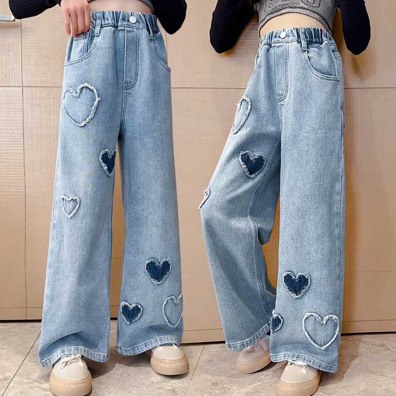 2024 Spring/Autumn Girl Love Rough Edge Jean Korean Edition Sle Childrens Mid Waist Jeans Elastic Waist Pants W241227
