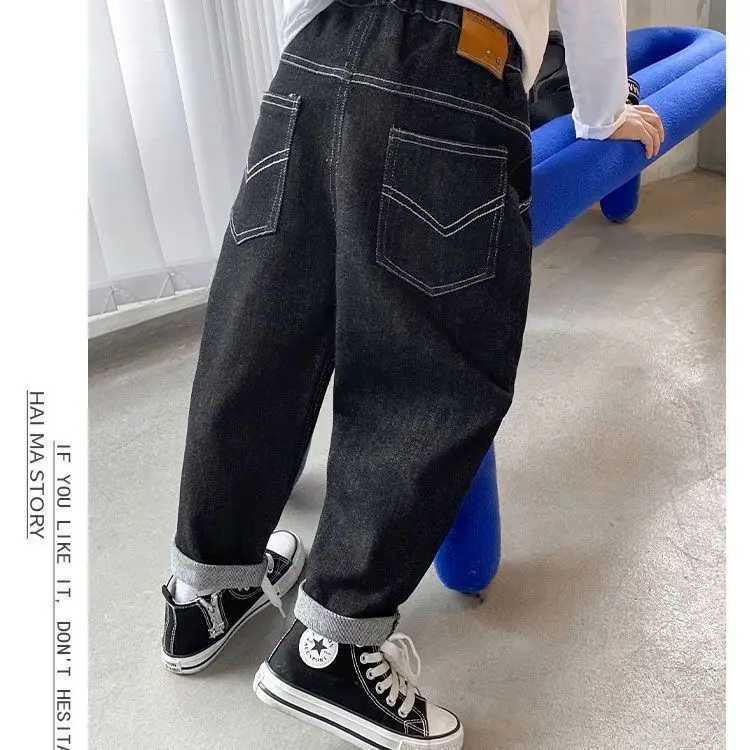 Ins Spring Autumn 3-12Y Childrens Denim Pants Cotton Elastic Waist Baby Boy Jeans Loose Casual Teen Boys Trousers W241227