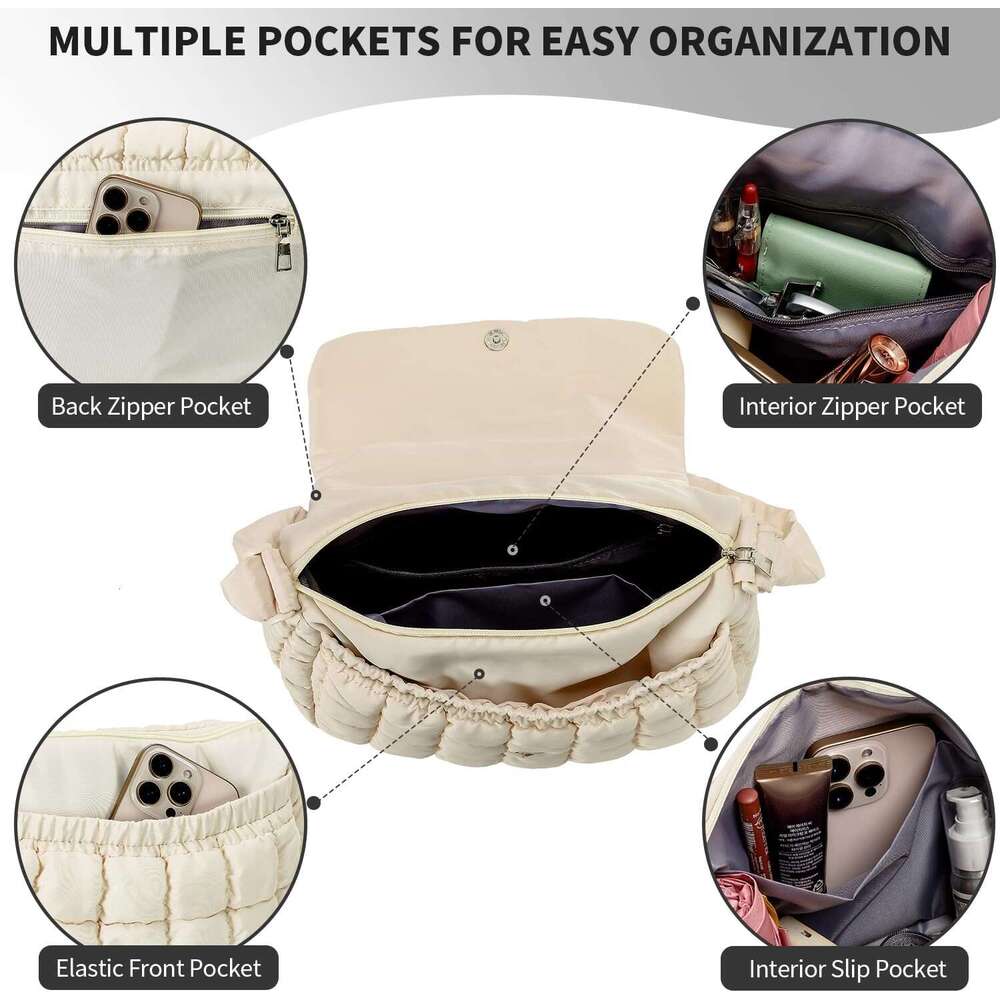 Quilted Puffer Crossbody Bag for Women, Soft Lightweight Nylon Puffy Padding Bubble Shoulder Purse Handbag