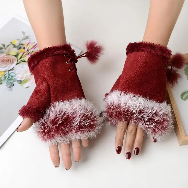 Winter Rabbit Fur Half-finger Gloves Fashion Warmth Sexy Faux Rabbit Fur Hand Wrist Women Fingerless Gloves Ladies Mittens 241227