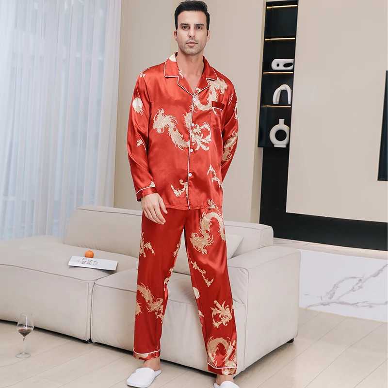 Ice silk pajamas for mens spring and autumn 2024 new long sleeved Chinese dragon red zodiac year summer Large size sleepwearsXJ241227