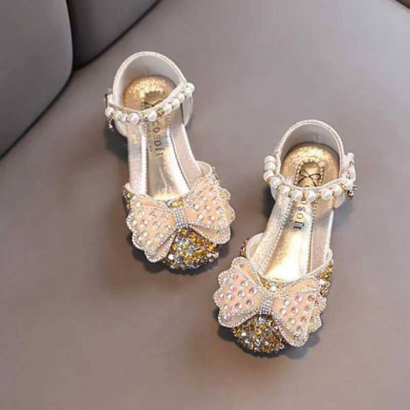 Girls Sequins Princess Flats Summer Childrens Student Dance PU Shoes Pearl Fashion Kids Rhinestone Bow Sandals W241228