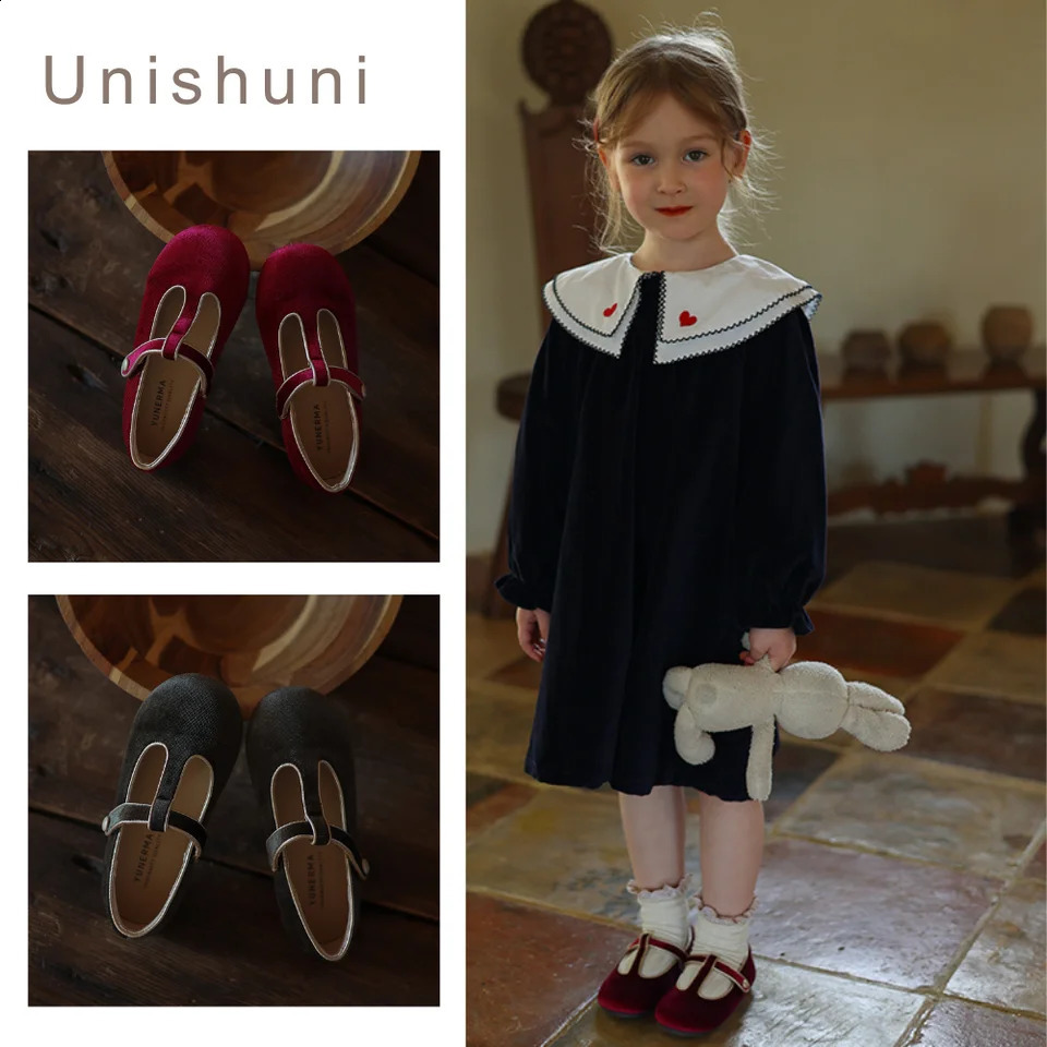 Unishuni T-Strap Mary Jane Shoes for Girl Kids Vintage Velvet Party Dress Flats Red Green Children Christmas Shoes for Baby Girl 241227