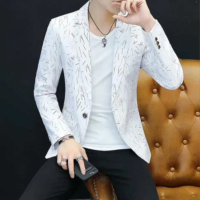 Autumn mens fashion printed mens casual business jacket mens slim fit suit jacket white mens thin jacket 241227