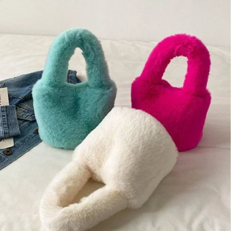 Sweet Candy Solid Color Fur Womens Handbag Simple Soft Plush Ladies Tote Bags Fashion Novel Winter Female Change Purse Bag 241227