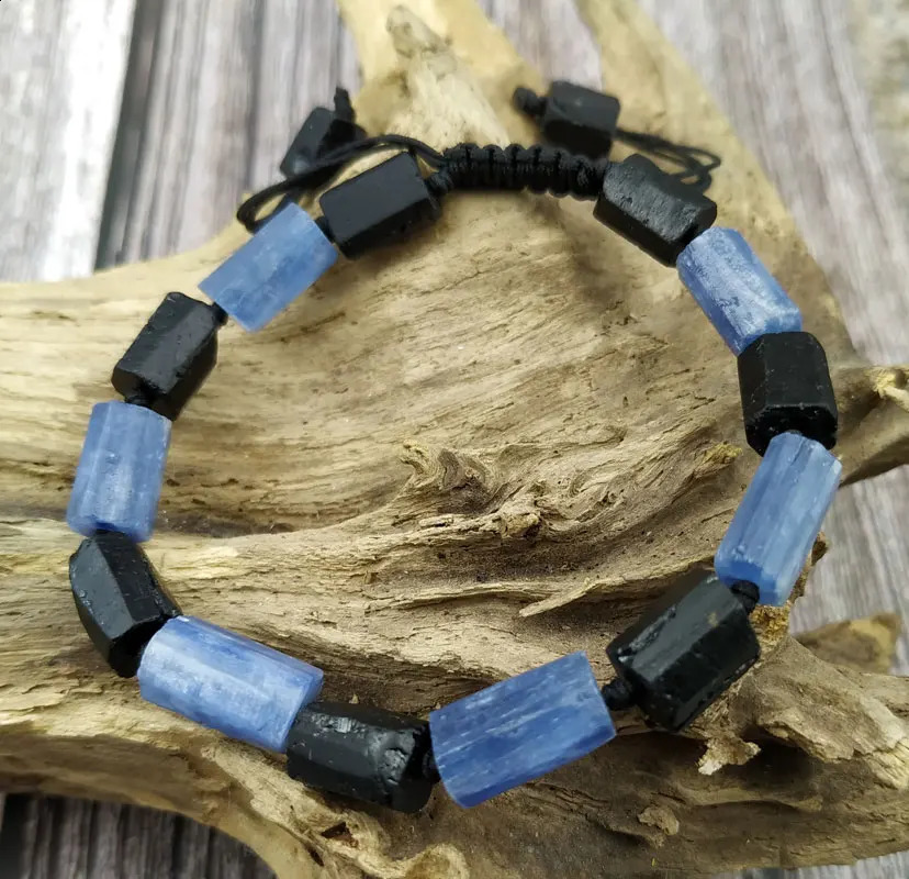 YA3933 Natural Kyanite Black Tourmaline Stone Beads Cord Knotted Adjustable Bracelet 241227