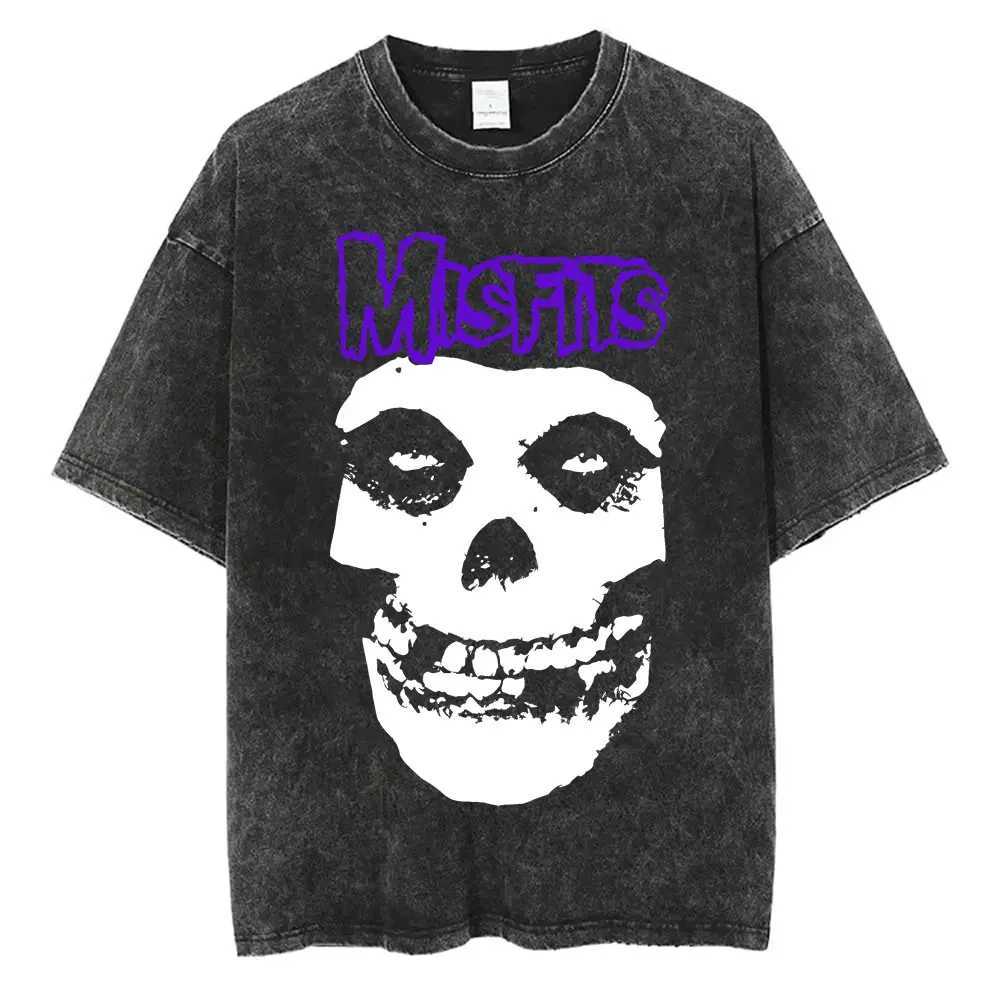 Washed Vintage Hardcore Punk Band Misfits Tshirt Horror Skeleton Graphic T-shirt Men Womens Fashion Casual Oversized T Shirts X241228