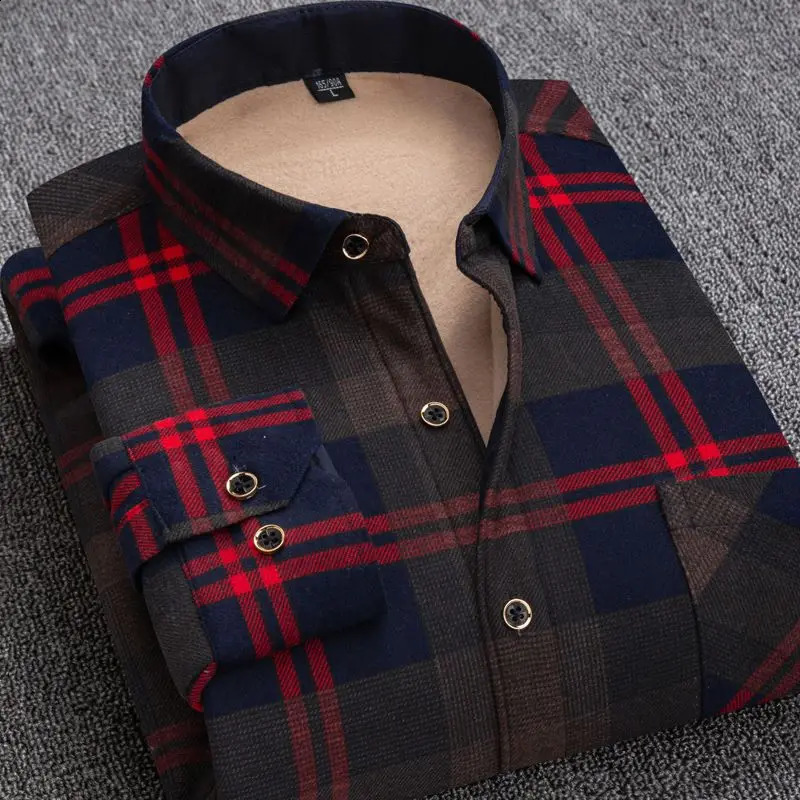 Mens Fleece Plaid Shirt Thick Warm Velvet Shirt Long Sleeve Business Fashion Big Size Autumn Winter 241223