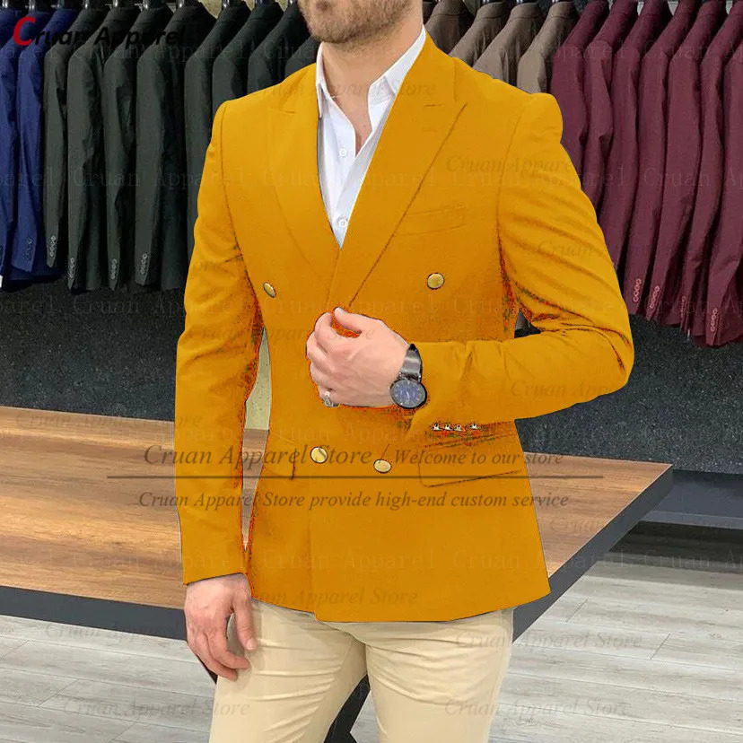 One Blazer Navy Blue Mens Wedding Gentleman Suit Jacket Gold Buttons Casual Slim fit Double Breasted Business Male Coat 241227