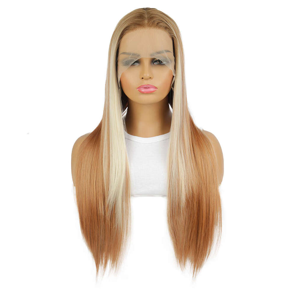 Golden Brown Mixed Color Long Straight Hair Wig For Women, 13 4 * 1 Front Lace Synthetic Full Head Cover Kq2 Kq2