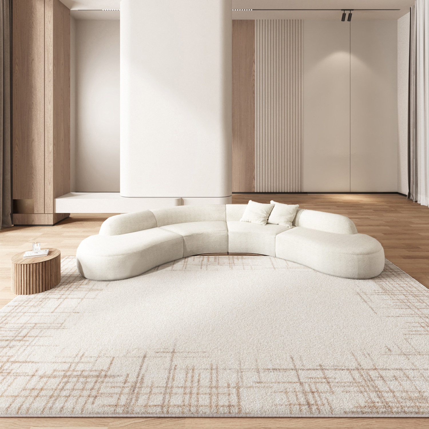 5069-425-59.9-Modern Simple Beige Living Room Carpet Oversized Bedroom Line Rug
