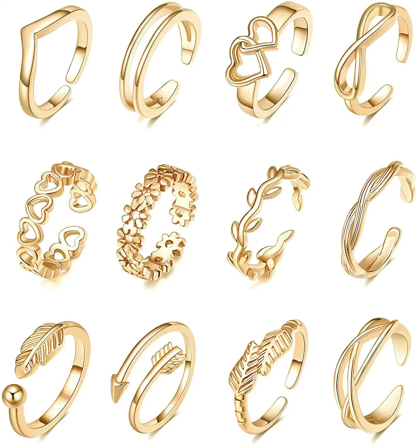 12pcsset Dainty Women Summer Beach Unique Leaf Heart Feather Opening Barefoot Finger Rings Cute Toe Foot Jewelry 241225