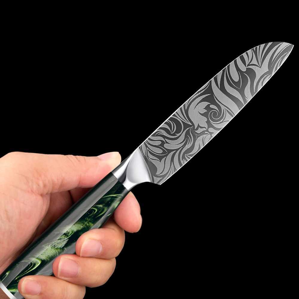 1-3Piece Japanese Kitchen Knife Set Green Resin Handle Laser Damascus Pattern Santoku KnifeParing Knifely Sharp Blades Y241227